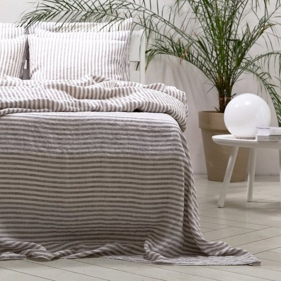 Ticking Striped Linen Flat Sheet in Graphite * Queen, Twin, King and other sizes - Picture 2 of 4